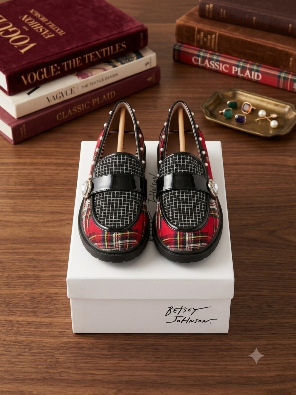 Betsey Johnson Red Plaid Loafers with Black Patent & Pearl Studs